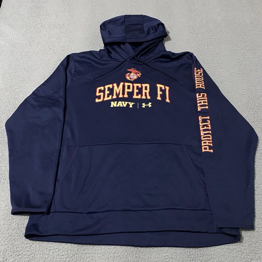 USMC Marines Semper Fi Navy Hoodie Under Armour Men 3XL Blue Pullover Sweatshirt